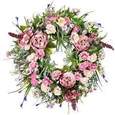 a wreath with pink flowers and greenery