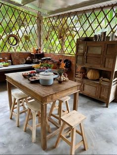 an outdoor kitchen with wooden tables and stools