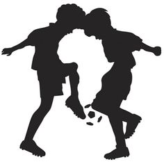 two children playing with a soccer ball in the grass, silhouetted against a white background