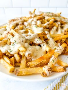 french fries covered in cheese and sauce on a white plate