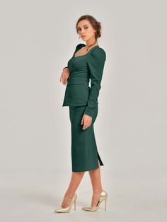 This dark green sweetheart neckline blouse is crafted from a luxurious stretch crêpe fabric and is fully lined with a silky satin fabric. It features an optional detachable belt with a double button fastening that gives you extra freedom in choosing how to style the design, and has an invisible zip at the back.  The design’s fitted feminine shape, accentuated by its princess seams, is guaranteed to help you make an entrance and draw attention.  Wear it with its matching High-Waist Pencil Midi Sk Elegant Green Pencil Skirt For Office, Elegant Green Pencil Skirt, High Waist Fitted Green Pencil Skirt, Elegant Green Pencil Mini Skirt, Luxury Elegant Green Pencil Skirt, Dream High, April Birthstone Jewelry, Fitted Blouses, March Birthstone Jewelry