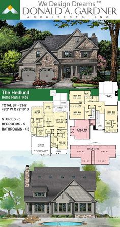 two story house plans with three car garages and an open floor plan for this home