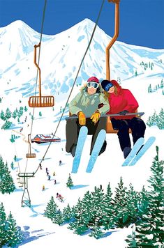 two people sitting on a ski lift in the snow