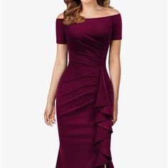 New With Tags Fitted Burgundy Midi Dress For Evening, Elegant Burgundy Ruched Mini Dress, Fitted Burgundy Knee-length Dress, Burgundy Fitted Midi Dress For Formal Occasions, Burgundy Sheath Dress For Formal Occasions, Formal Fitted Burgundy Midi Dress, Burgundy Midi Formal Dress, Burgundy Short Sleeve Evening Dress, Burgundy Ruched Dress For Formal Occasions