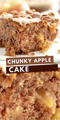 two pieces of cake sitting on top of each other with the words chunky apple cake above them