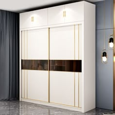 a white and gold closet with two lights on the wall, next to a window