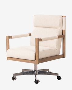 an office chair with wheels and a white fabric upholstered seat, viewed from the front