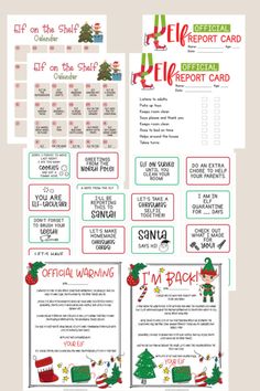 the elf report card is shown in red, green and white with an elf on it