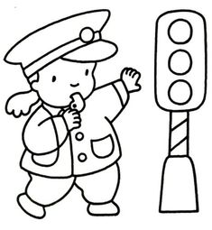 a coloring page with a little boy standing next to a traffic light and pointing at it