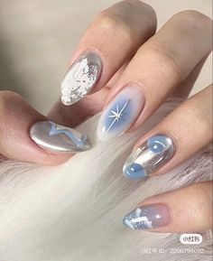 Stars Nails, Nails Yellow, Chrome Nails Designs, Galaxy Nails, Y2k Nails, Soft Nails, Blue Nail, Nails Polish