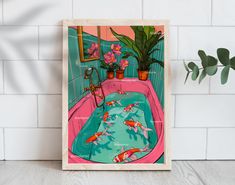 there is a pink bathtub with goldfish in it and some potted plants