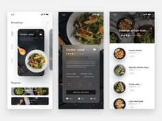 three screens showing different food items on the same page, including salads and vegetables