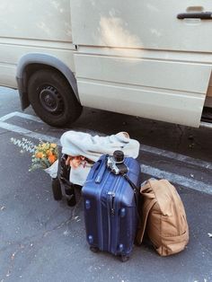 two pieces of luggage sitting on the ground next to a white van and some flowers