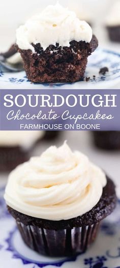 two chocolate cupcakes with white frosting on top and the title says sourdough chocolate cupcakes farmhouse on bone