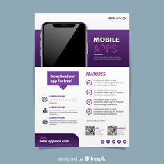 a purple and white flyer template with an image of a cell phone on the front