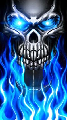 a skull with blue flames on it's face