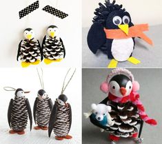 four different christmas ornaments made from pine cones and penguin figurines, one is holding a teddy bear