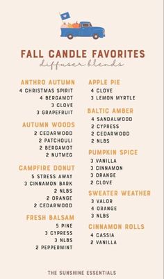 the fall candle favorites list is shown in orange and blue with an image of a truck