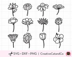 the flowers are drawn in black and white on a grid paper, with text that says sv