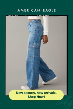 Dreamy, drapey stretch fabric/Soft & lightweight denim/Side cargo pockets/Medium wash Affordable Fitted Wide-leg Cargo Jeans, Vintage Wide Leg Medium Wash Cargo Jeans, Versatile Wide-leg Cargo Jeans With Side Pockets, Affordable Wide-leg Cargo Jeans In Relaxed Fit, Loosely Fitted Wide-leg Cargo Jeans, Earthy Tattoos, Fashion Sense, Wide Leg Jeans, American Eagle Outfitters