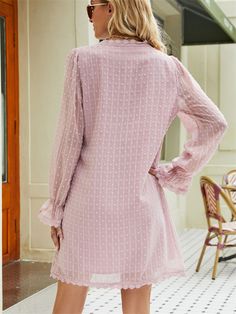 Casual Long Sleeve Solid Color Lace Chiffon V-neck Dress Chic Pink V-neck Chiffon Dress, Chic V-neck Chiffon Dress For Date Night, Fitted V-neck Chiffon Dress In Feminine Style, Long Sleeve Chiffon Dress For Casual Wear, Long Sleeve Chiffon Dress For Casual Occasions, Feminine V-neck Mini Dress For Daywear, Chic Fitted Chiffon V-neck Dress, Sheer Long Sleeve Chiffon Summer Dress, Sheer Long Sleeve Chiffon Dress For Summer