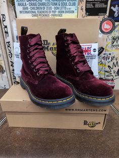 These are a now discontinued model of Dr Martens. They are a modern version, and are Made in China. This is the Pascal 8 hole boot finished in a plush Burgundy Velvet . A lovely colour, and highly unusual. They have trademark yellow stitching and the darker sole unit  They are a UK size 8 European 42, USA ladies 10 Dr Martens Pascal, Velvet Boots, Burgundy Velvet, Lovely Colors, Dr. Martens, Boot Shoes Women, Bootie Boots, Shoe Boots, Ankle Boots