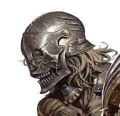 Knight Helmet Design Art, Skull Mask Concept Art, Medieval Knight Helmet Design, Metalhead Character Design, Knight Helmet Concept Art, Drawing Poses Giant Hammer, Cyric Dnd, Fantasy Helmet Art, Trader Character Design