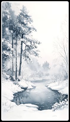 a black and white photo of a stream in the snow