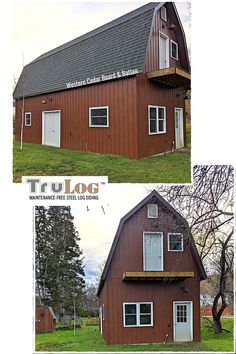 two pictures of a red barn with white windows and the words tru log on it