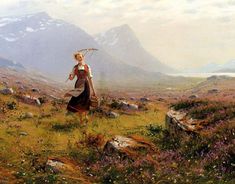 a painting of a woman walking through a field with mountains in the backgroud