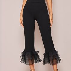 Brand New Trendy Ruffled Bottoms For Workwear, Ruffled Bottoms For Night Out In Fall, Black Ruffle Pants, Fall Pants, Shein Pants, Zipper Pants, Ruffle Pants, How To Hem Pants, Women Pants