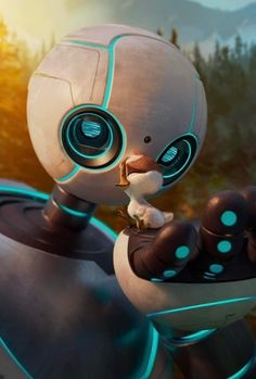 an animated character with big eyes holding a small object in his hand and looking at the camera