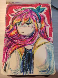 a drawing of a girl with colorful hair