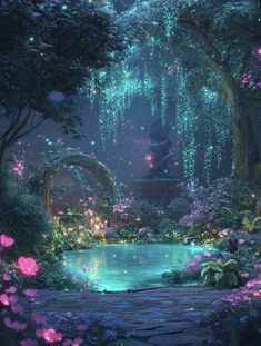 a beautiful garden with flowers and trees in the background, lit up by fairy lights