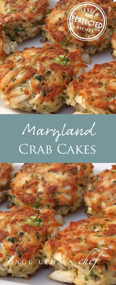 several crab cakes on a plate with the words marmaland crab cakes above them