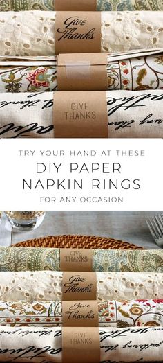 folded napkins with the words diy paper napkin rings for any occasion on them