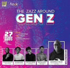 an event poster for the jazz around gen 2 with four men in front of a purple background