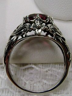 Ruby Ring, sterling silver floral filigree, daisy design #D66 Ruby Ring Vintage, Ruby Wedding Rings, Floral Filigree, Red Ring, Daisy Design, Gorgeous Ring, Victorian Rings, Dope Jewelry, Silver Wedding Rings