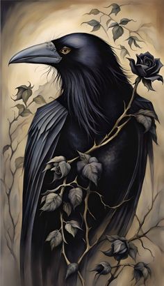 a painting of a black crow sitting on top of a tree branch with a rose in it's beak