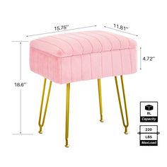 a pink bench with gold legs and a measurements for the footrests on it