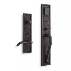 an iron door handle with a black finish on the front and back of each door