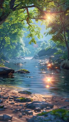 the sun shines brightly through the trees and water in this digital painting, which is very realistic