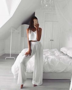 23 Stunning All White Party Outfits for Women | Page 2 of 2 | StayGlam Homewear Outfit, All White Party Outfits, Vintage Fitness, White Party Outfit, Wide Leg Pant Suit, Party Outfits For Women, All White Party, 90's Fashion