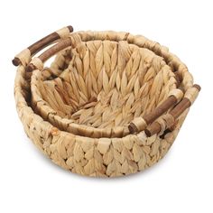 a woven basket with wooden handles on a white background for use as a bowl or serving tray