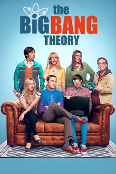 the big bang theory movie poster with people sitting on a couch and one man holding a laptop