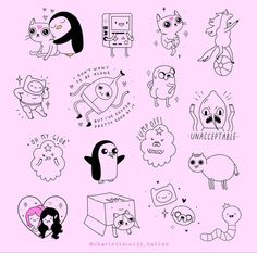 an image of cartoon animals and other things that are drawn in ink on pink paper