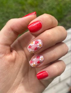 Fruit Short Nails, Beltane Nails, Spring Red Nails, Red Nails Spring, Red Nails With Flowers, Fun Red Nails, Wild Flower Nails, Red Floral Nails, Red Flower Nails