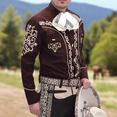 Camisa Charra para Hombre TM-WD0901 - Charro Shirt Western Style Brown Shirt For Ranch, Western Brown Shirt For Ranch, Vaquero Shirts Men, Cream Western Shirt Mens, Embroidery For Men, Brown Button-up Shirt For Rodeo, Mexican Cowboy, Fine Embroidery, Western Shirt