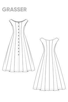 the front and back view of a dress with buttons