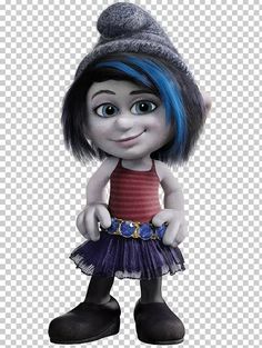 an animation character with blue hair and black shoes, wearing a red shirt and purple skirt